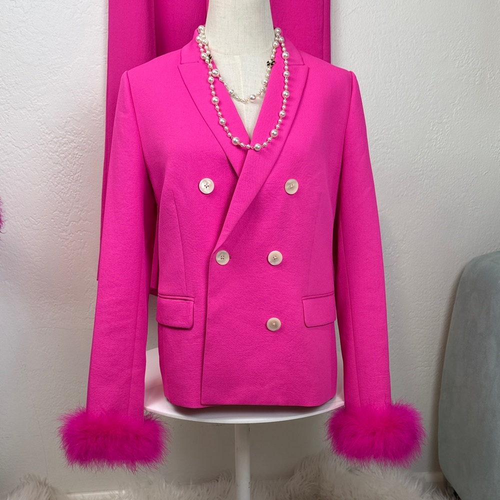 J. Crew Fuchsia Pink Parke Blazer Custom Feather Trim 6 Barbiecore Glam Coquette